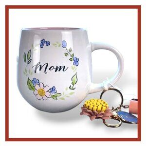 Prima Design: Mom Double Sided White Ceramic Mug with Three Piece Gold Keychain